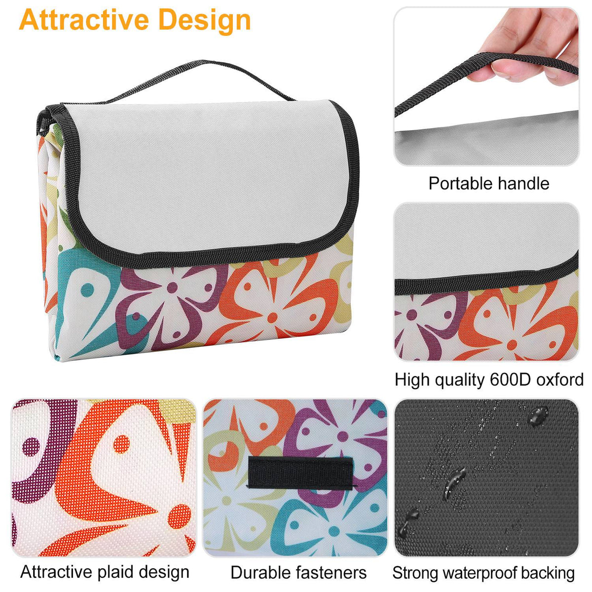 Floral-patterned bag with features highlighted on a white background