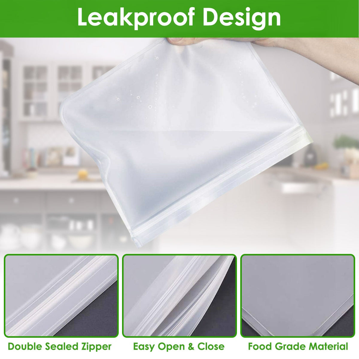 Clear plastic bags with leakproof design feature, shown in a kitchen setting.