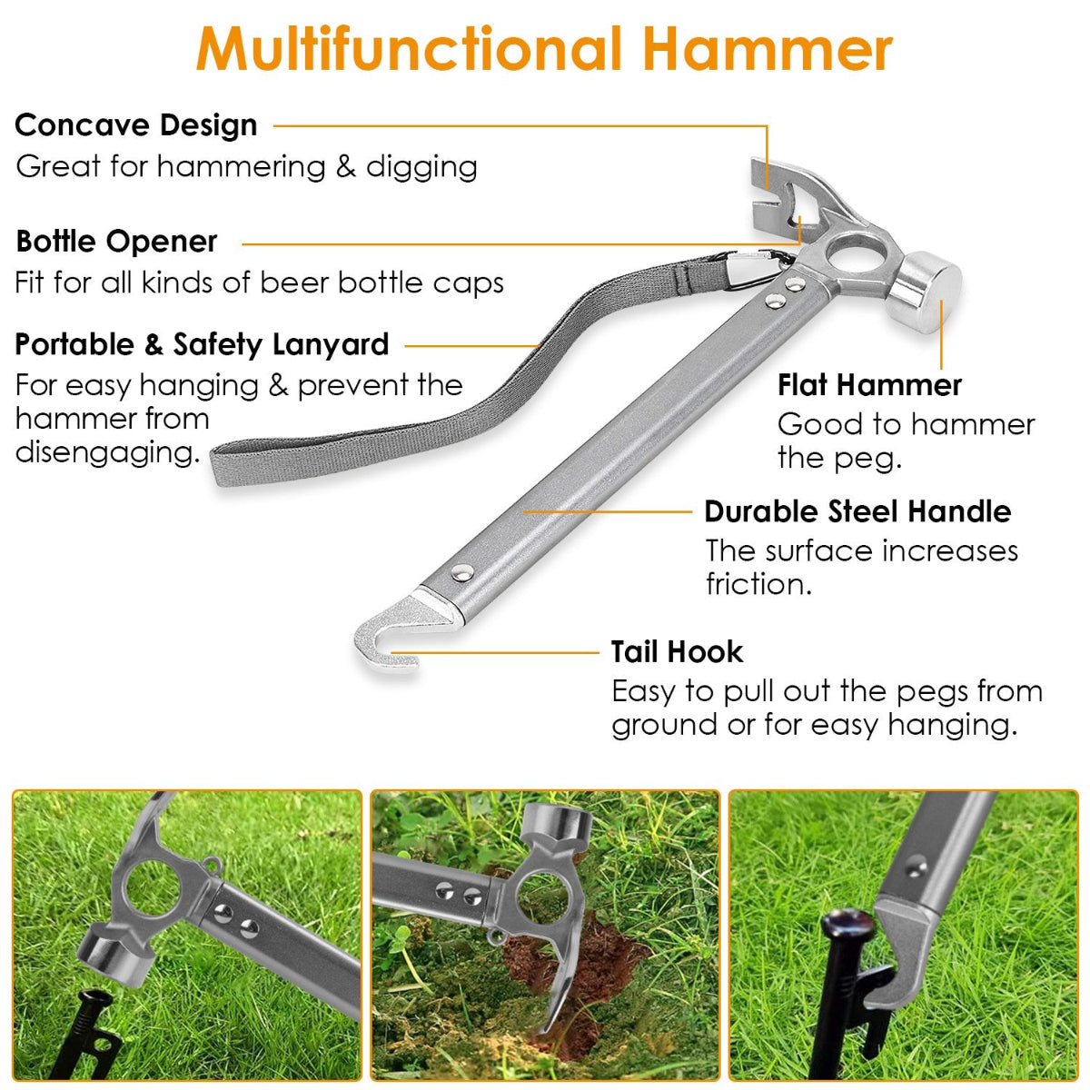 Multifunctional hammer with features highlighted on a white background