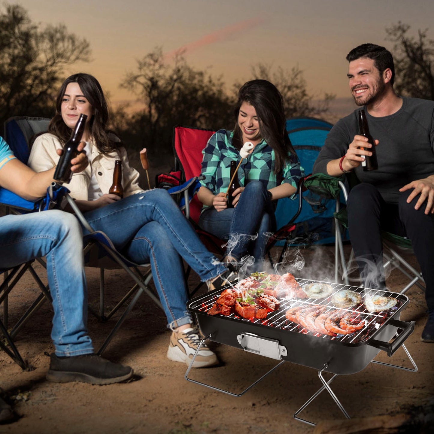 Portable Folding Charcoal Grill with Lid