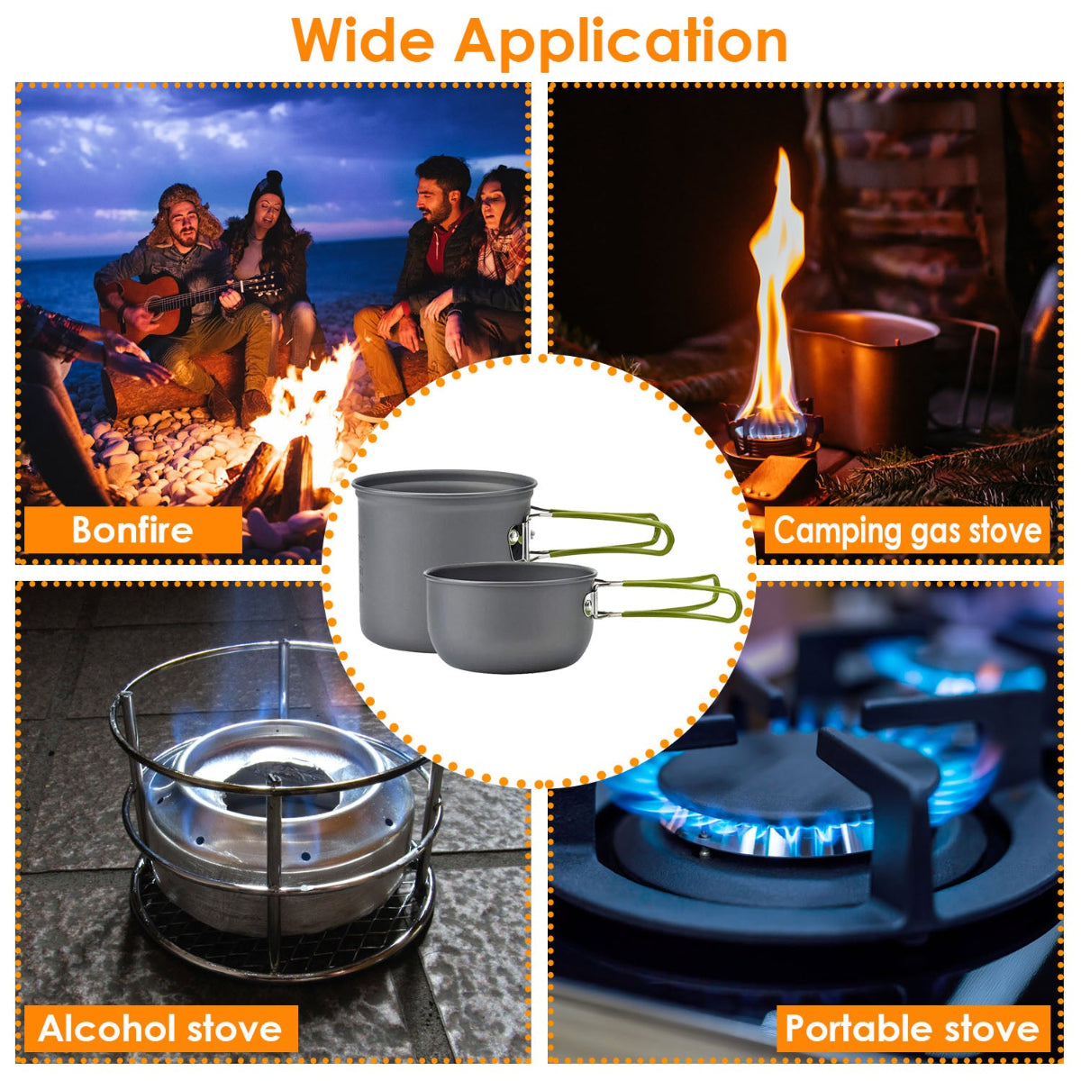 Collage of people around a bonfire, camping gas stove, alcohol stove, portable stove, and cooking pots.