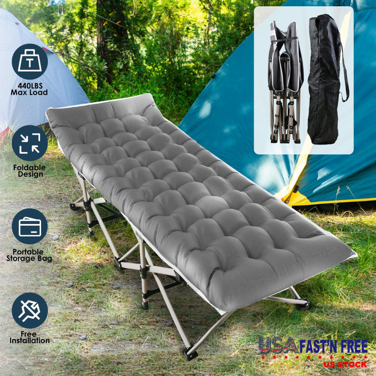 Gray camping cot with foldable design and portable storage bag, set against a camping background.