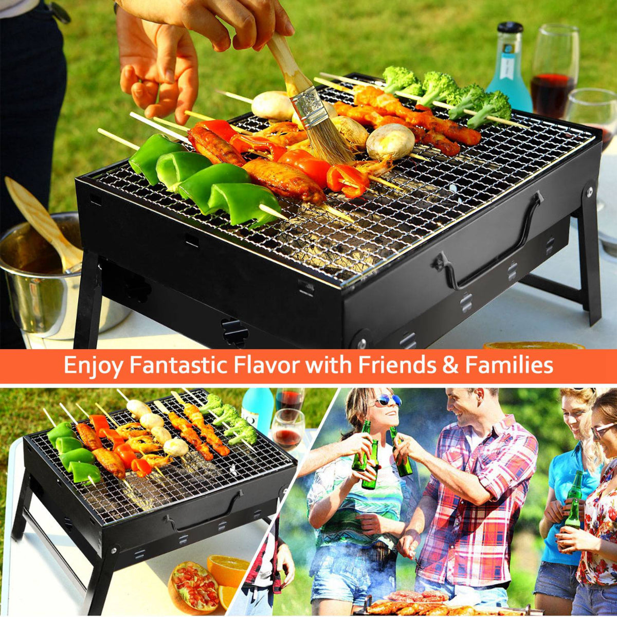 Portable grill being used outdoors with food and people enjoying a meal together.