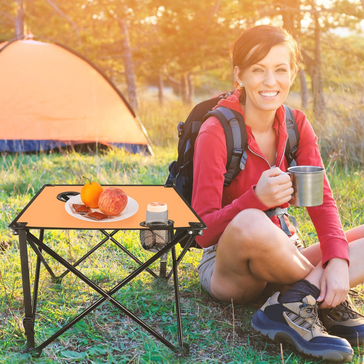 Lake Forest Orange Portable Folding Camping Table with 2 Cup Holders