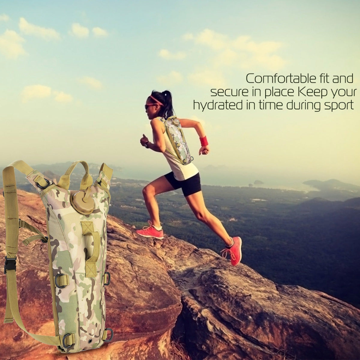 Person running on a mountain with a hydration pack in the foreground