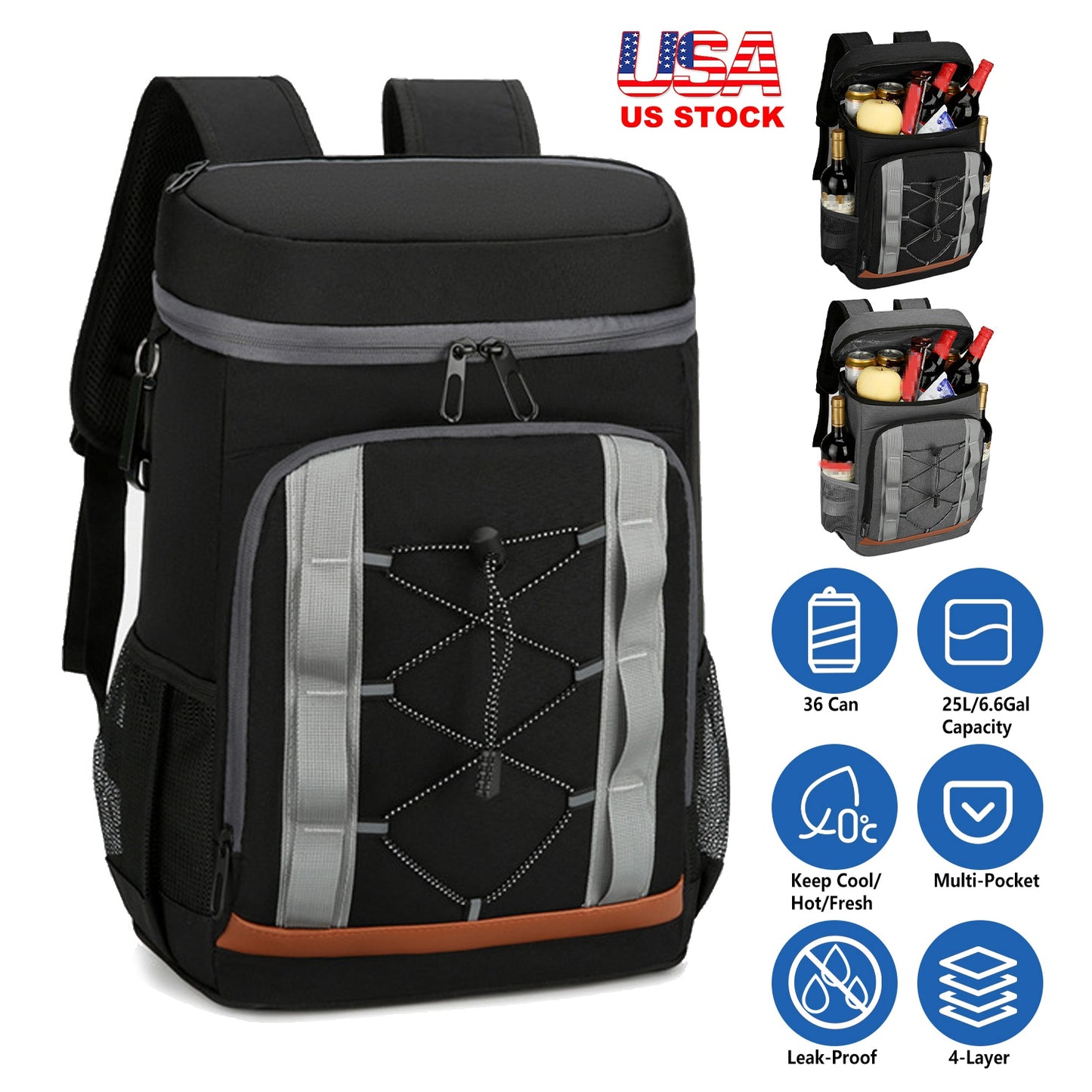 Black and gray backpack cooler with features and capacity details on a white background
