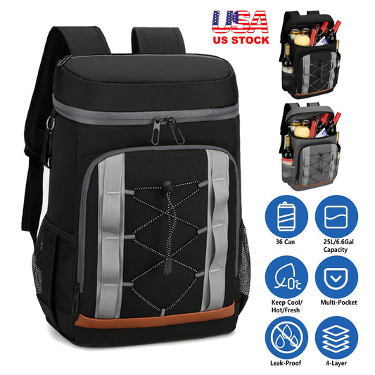 Black and gray backpack cooler with features and capacity details on a white background