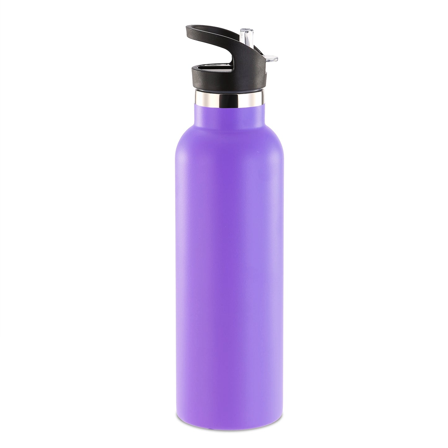 Purple water bottle with a black cap on a white background