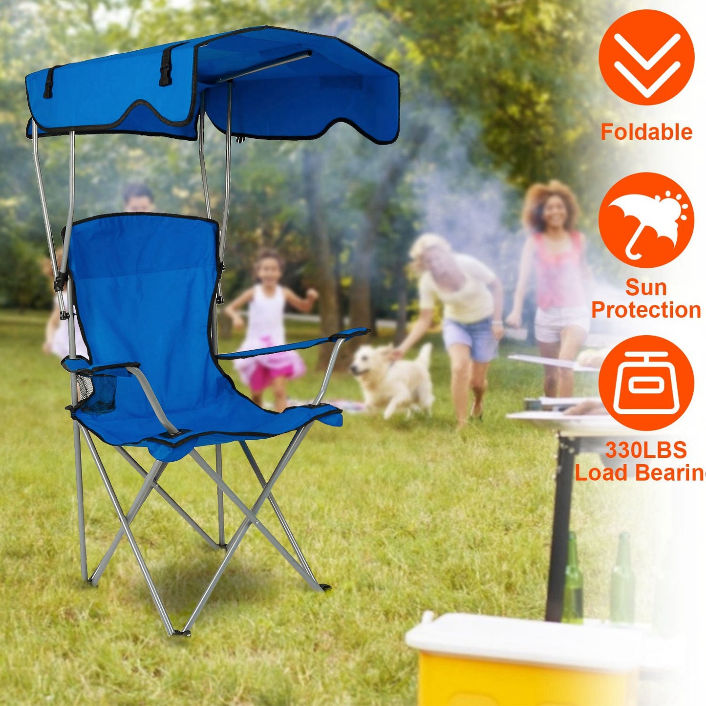 Lake Forest Blue Foldable Canopy Camping Chair with Cup Holder