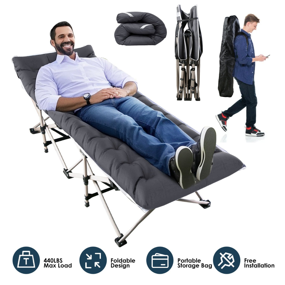 Collapsible camping chair with man using it, folded chair, storage bag, and man walking with phone.