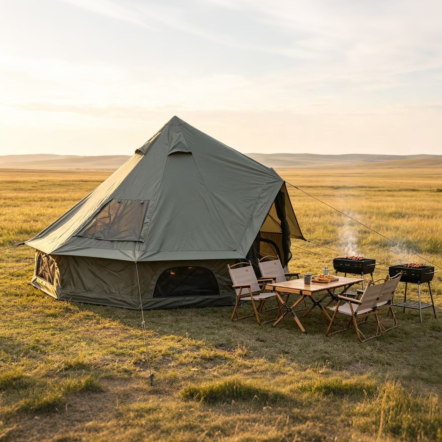 Dark Green 9.8 FT Oxford Bell Tent with Stove Jack – 3–4 Person