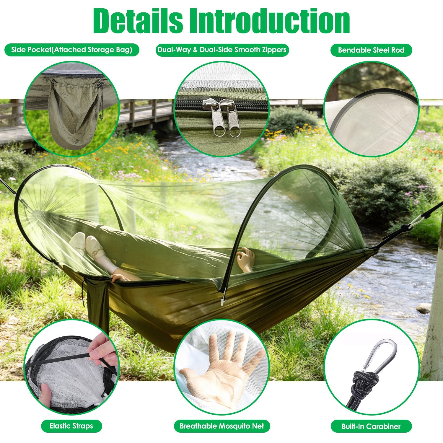 Portable hammock with mosquito net in an outdoor setting, featuring various product details.