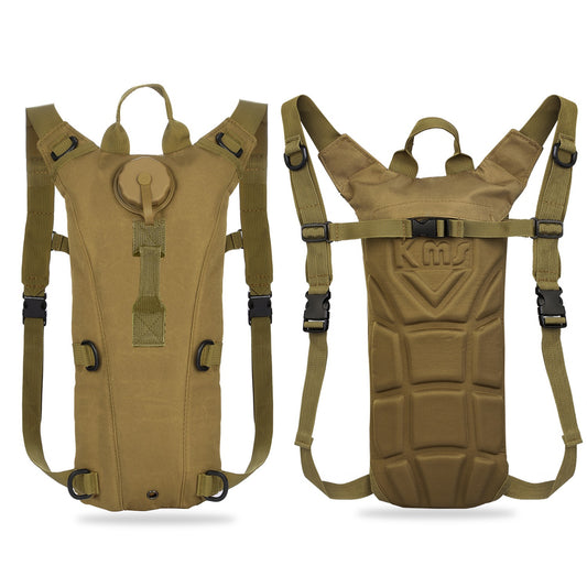 Tan hydration backpack with multiple straps on a white background