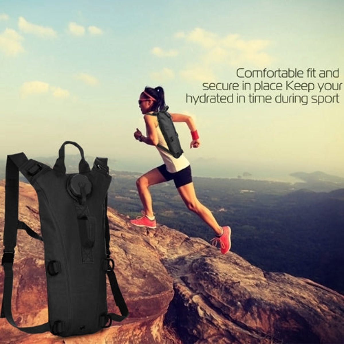 Person running on a mountain with a black hydration backpack, promotional text overlay.