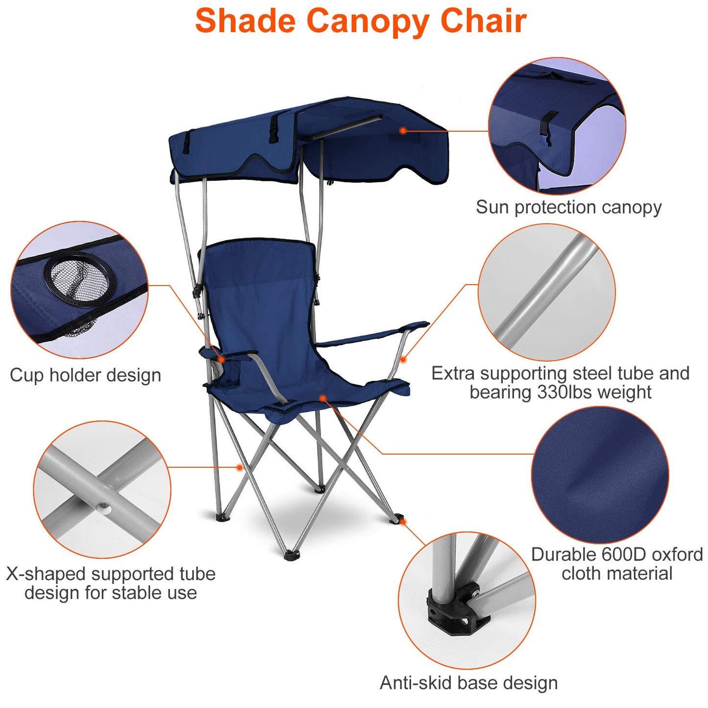Navy Blue Foldable Canopy Camping Chair with Cup Holder
