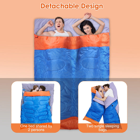 Blue and orange detachable sleeping bag with two people sharing it, showing a detachable design.