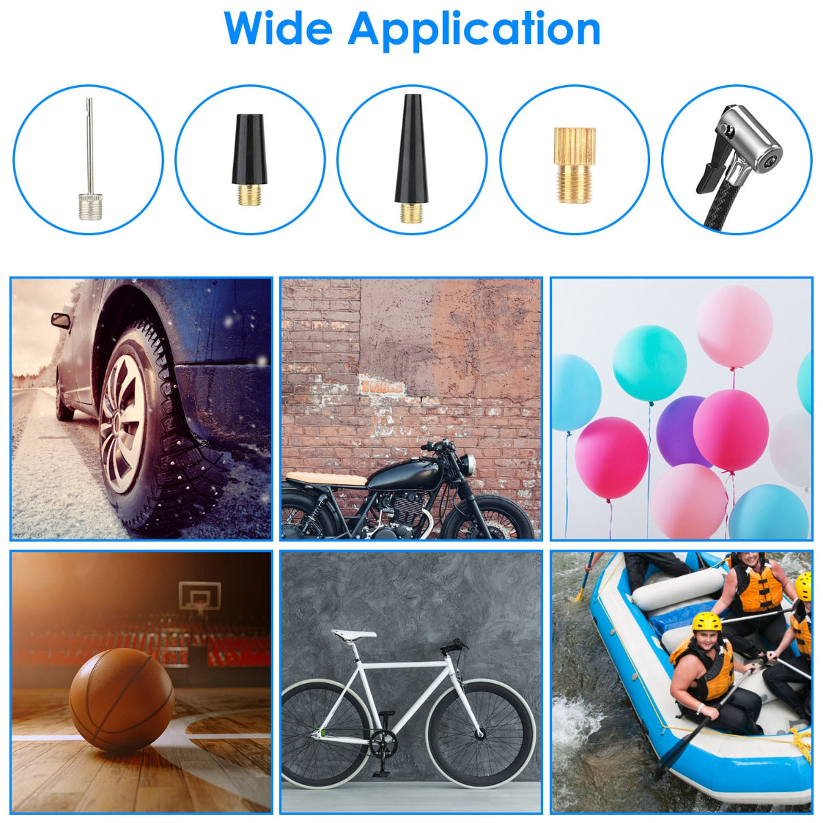 Collage of various applications including car, bicycle, basketball, and rafting with text 'Wide Application'.