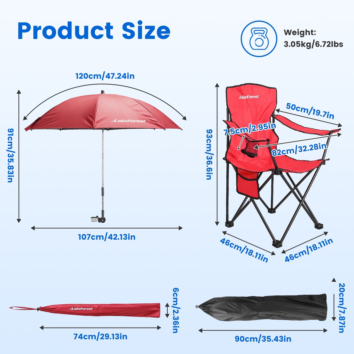 Lake Forest Red Foldable Camping Chair with Detachable Umbrella