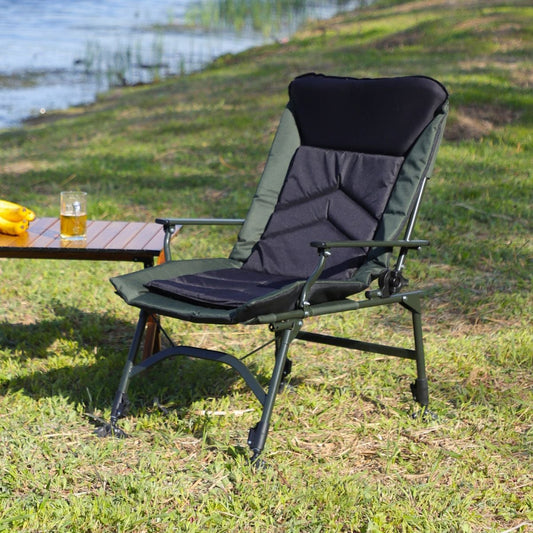 Adjustable Reclining Camping Chair – Foldable with Cushion, 330LBS Capacity (Black/Green) — folding chairs, front view