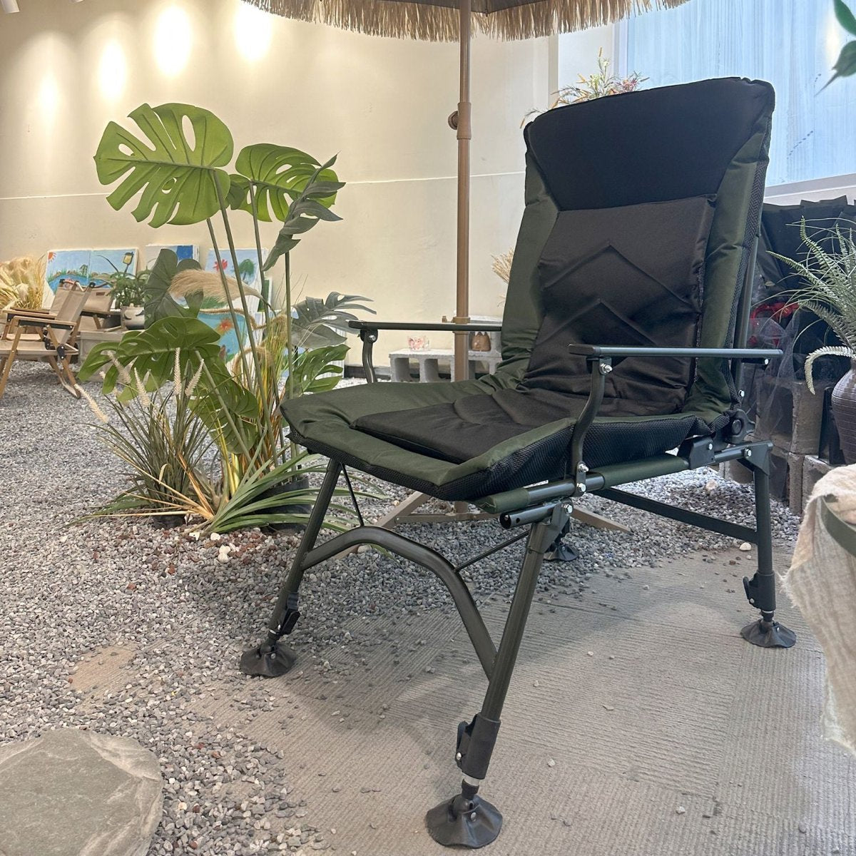 Adjustable Reclining Camping Chair – Foldable with Cushion, 330LBS Capacity (Black/Green) — folding chairs, back view