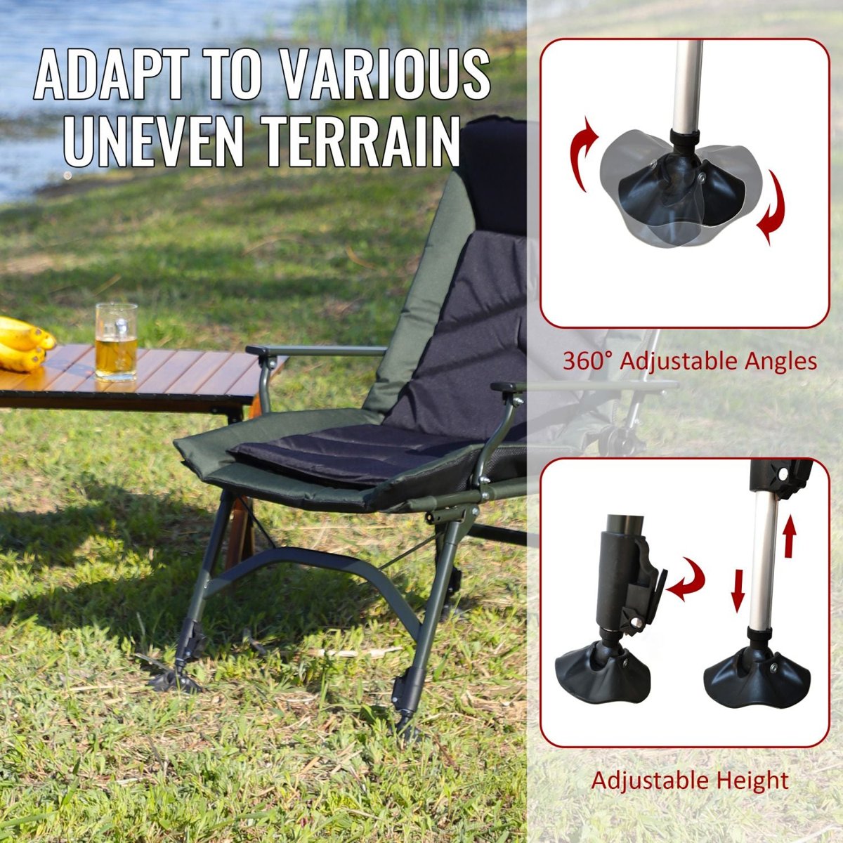 Adjustable Reclining Camping Chair – Foldable with Cushion, 330LBS Capacity (Black/Green) — folding chairs, detail