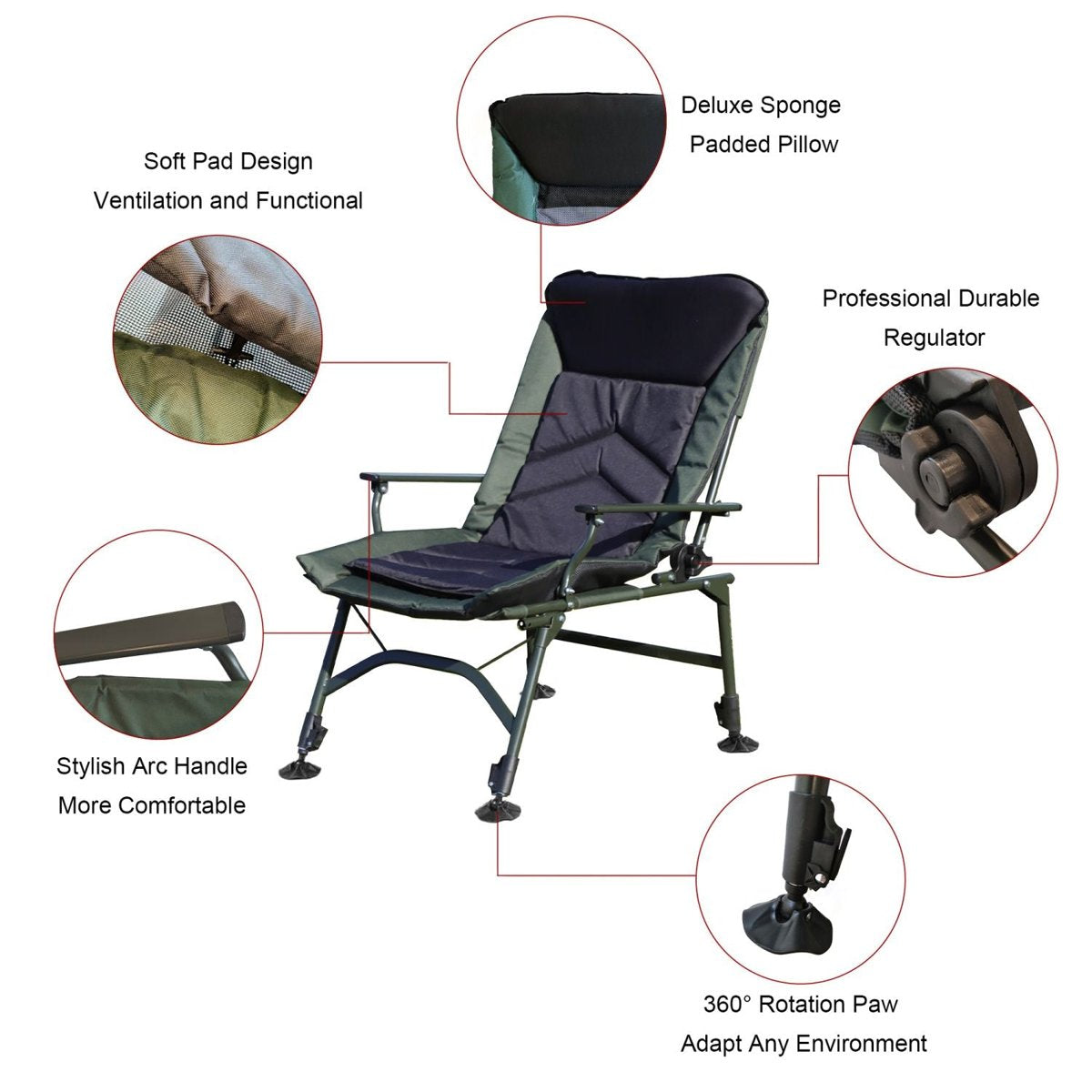 Adjustable Reclining Camping Chair – Foldable with Cushion, 330LBS Capacity (Black/Green) — folding chairs, view 9