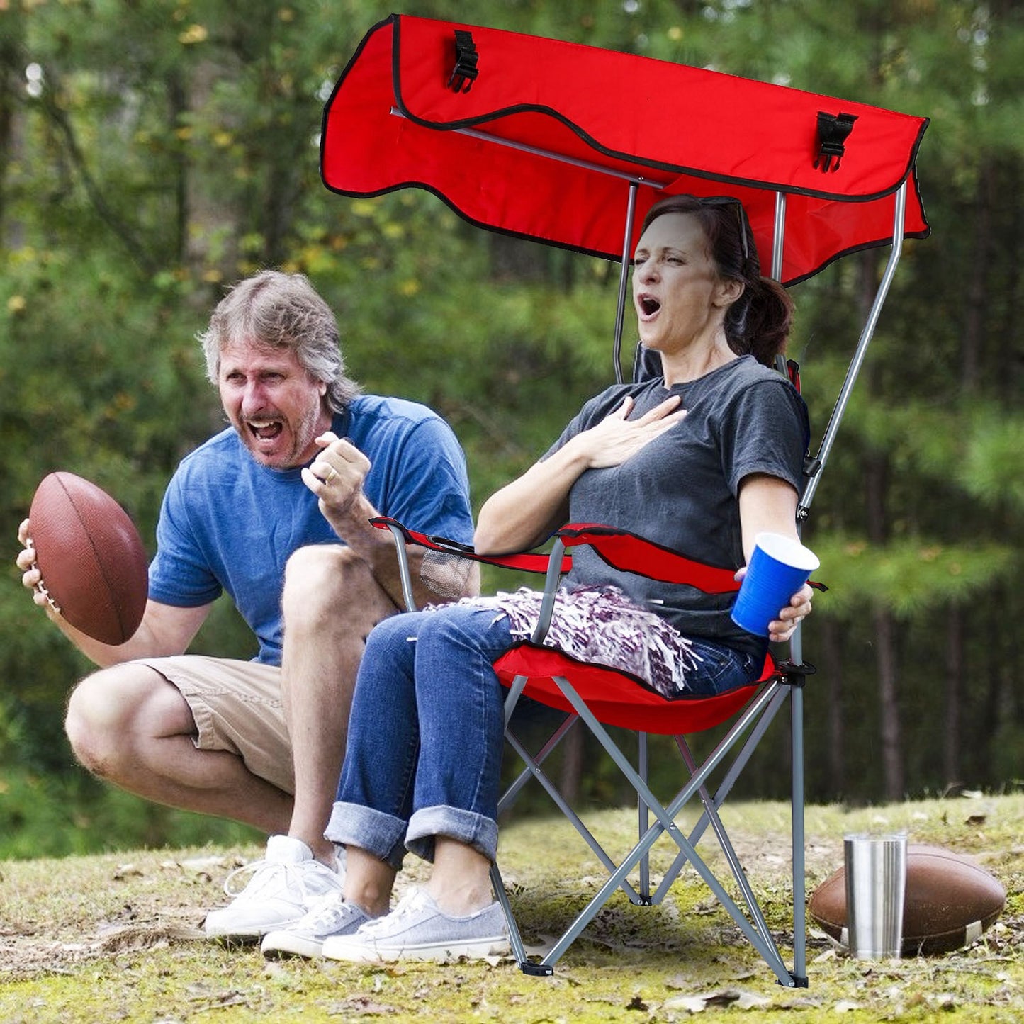 Red Foldable Canopy Camping Chair with Cup Holder