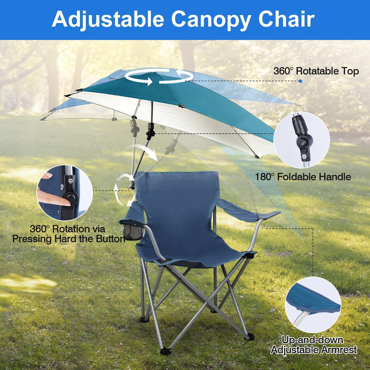 Adjustable canopy chair with features highlighted on a grassy background