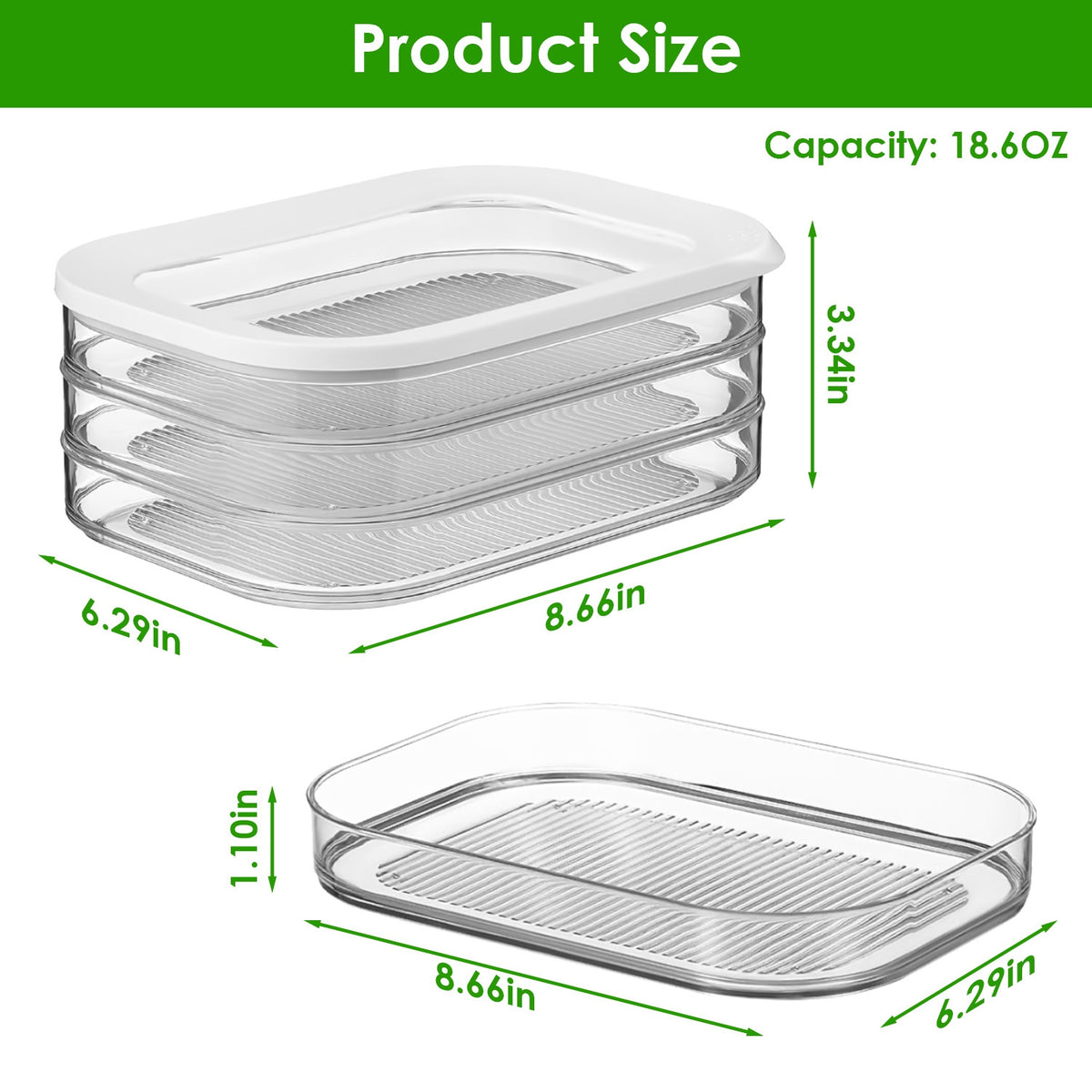 Stackable food storage containers with dimensions and capacity details on a white background
