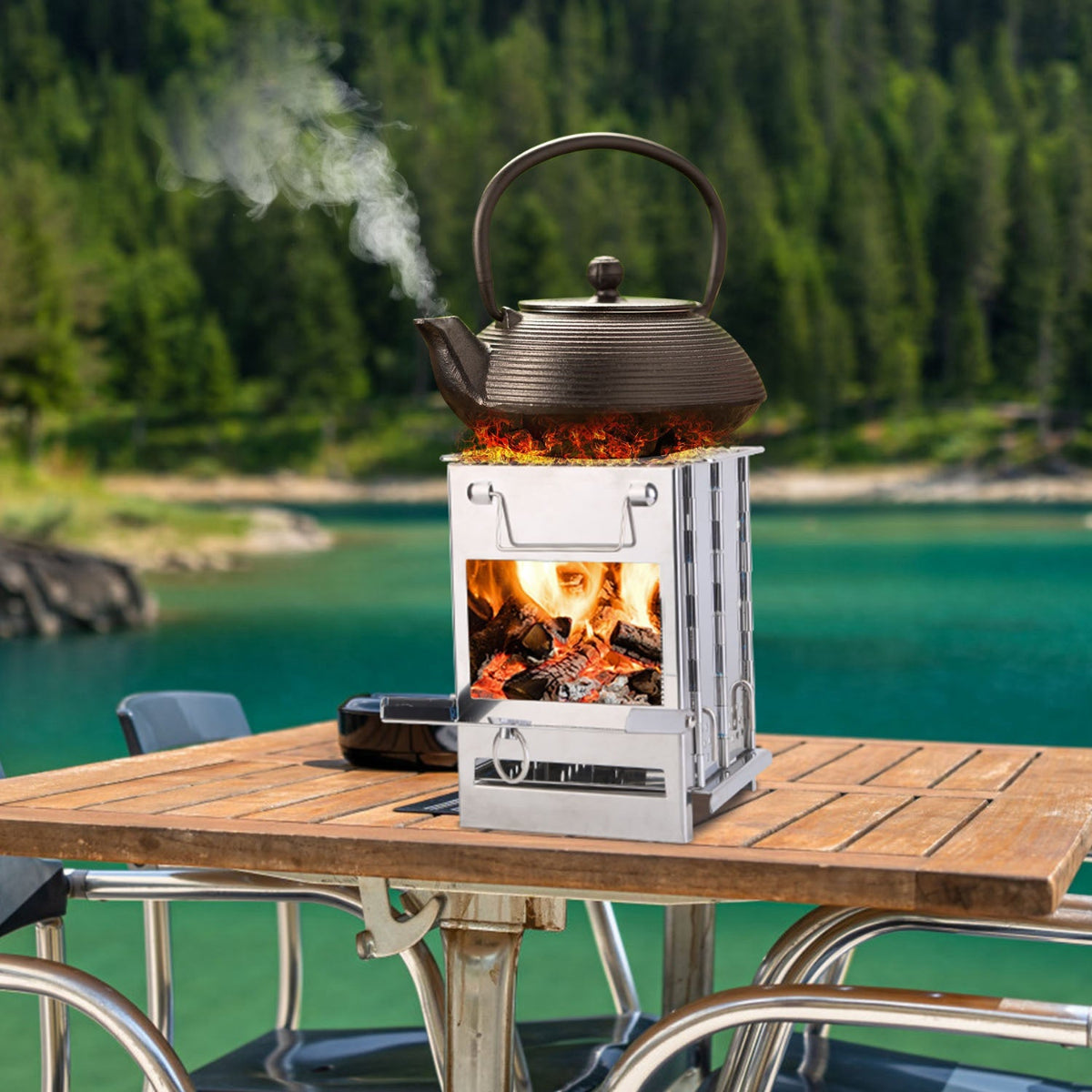 Tea kettle on a portable stove with a scenic background of water and trees