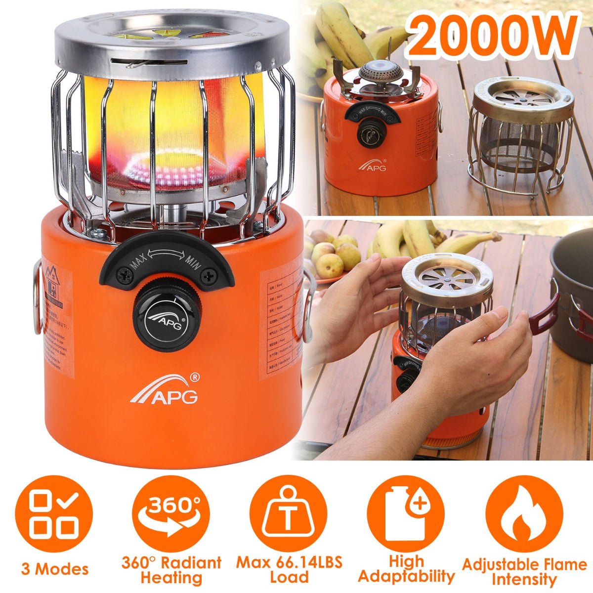 Close view of camping stove heater body with glowing burner and control dial