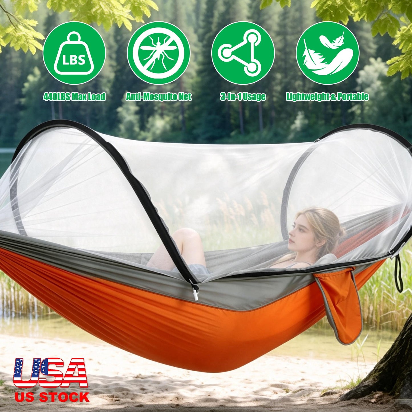 Lake Forest 3-in-1 Camping Hammock with Mosquito Net – Orange/Grey