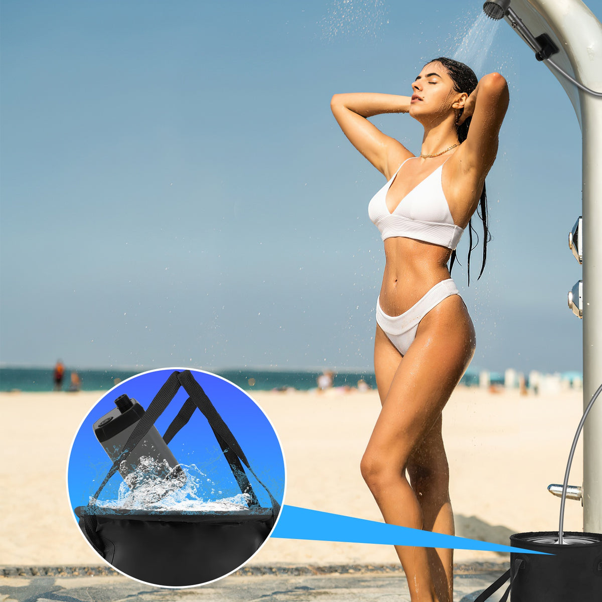 Woman in a bikini standing under a shower on a beach with a close-up of the shower head.
