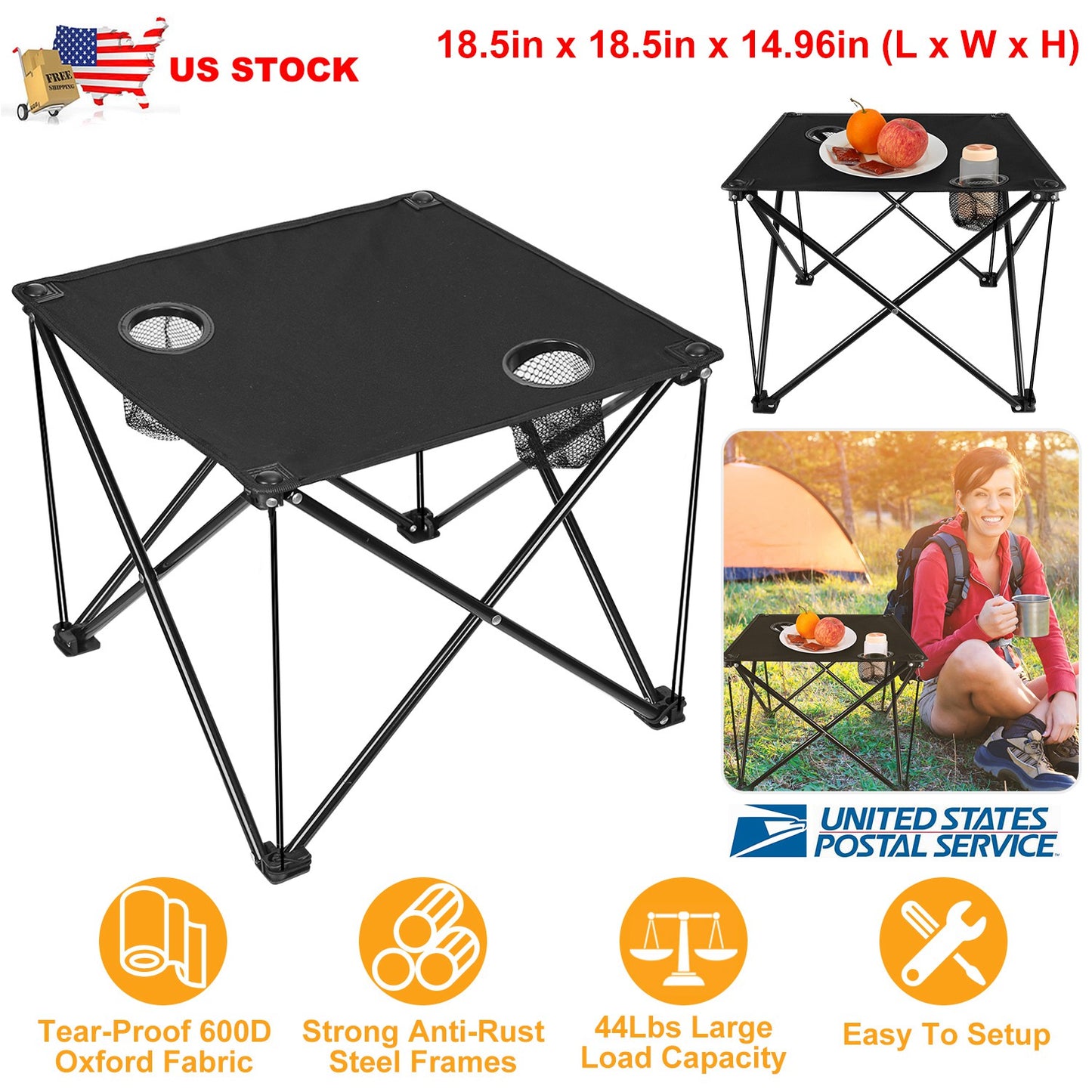 Lake Forest Black Portable Folding Camping Table with 2 Cup Holders
