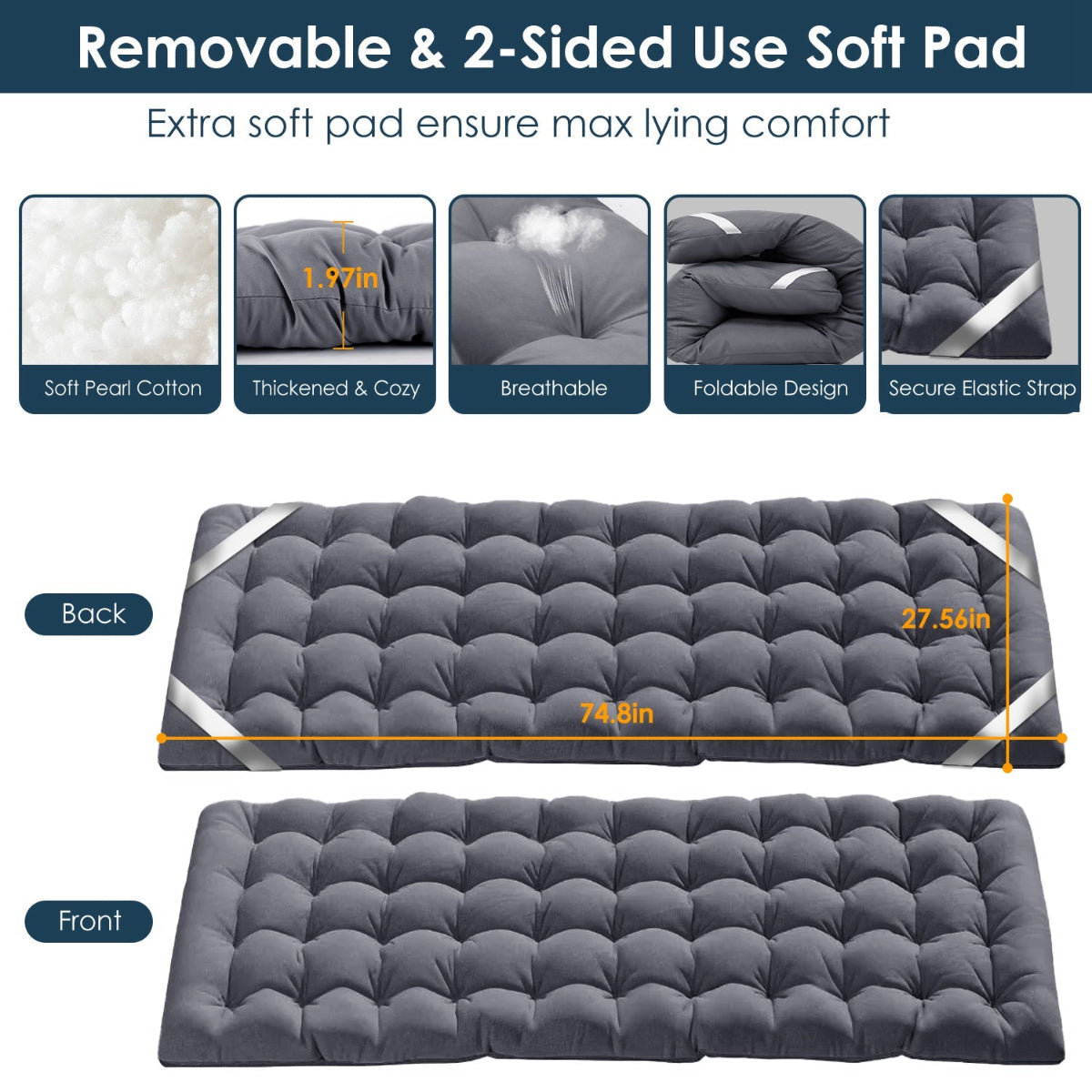 Gray soft pad with features and measurements on a white background