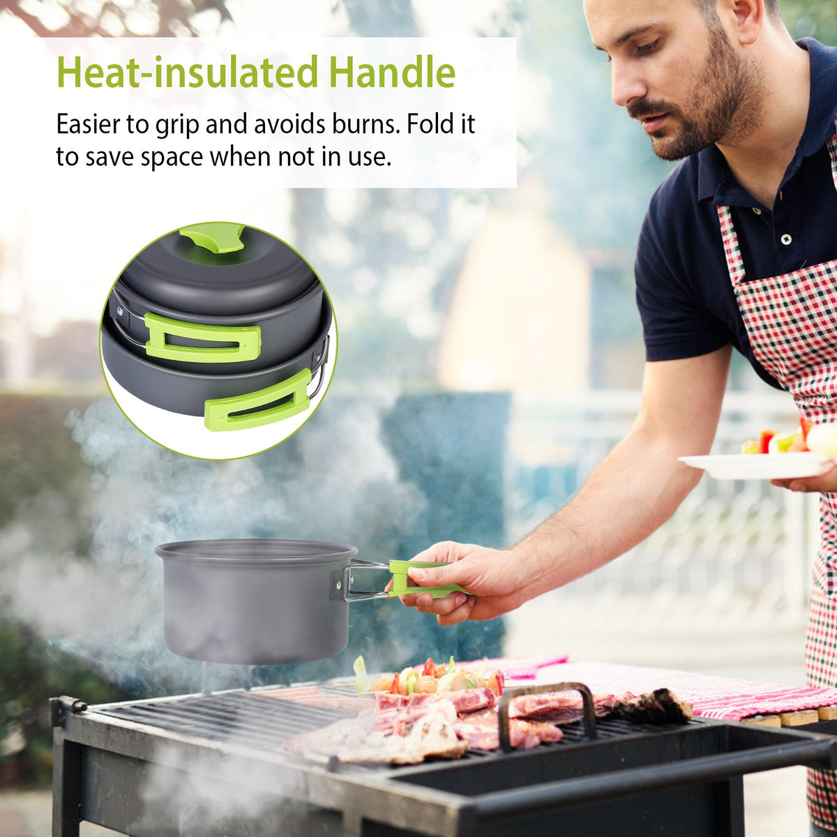 Person grilling outdoors with a heat-insulated handle pot, emphasizing ease of use and space-saving feature.