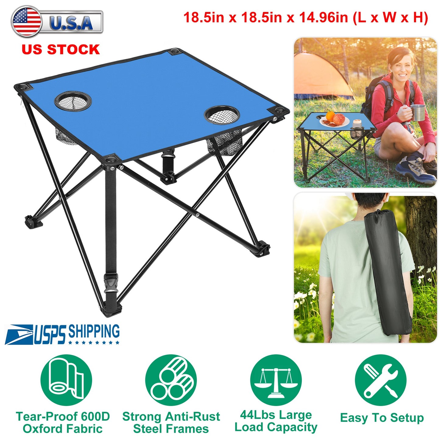 Lake Forest Blue Portable Folding Camping Table with 2 Cup Holders