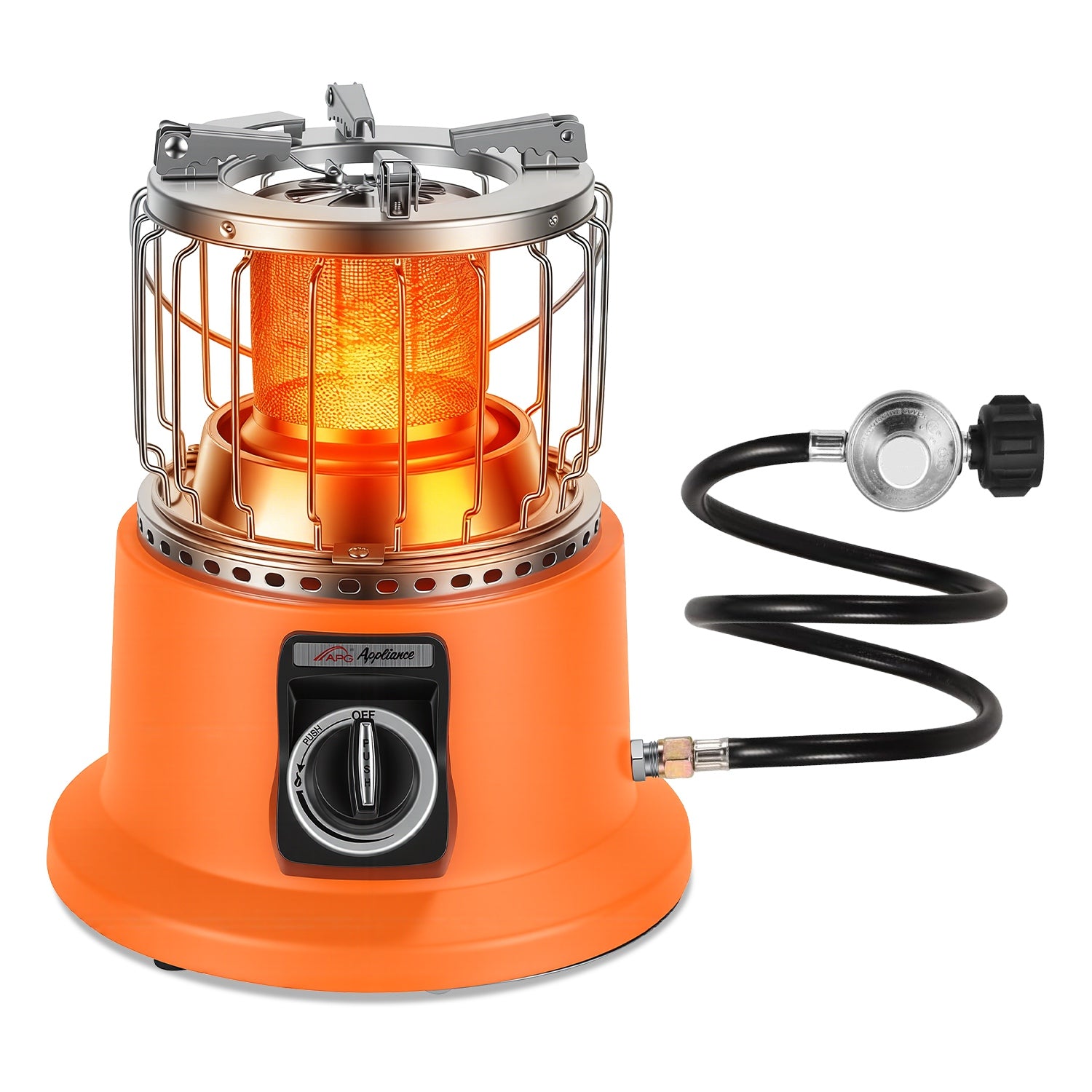 Orange camping stove with a flexible hose on a white background