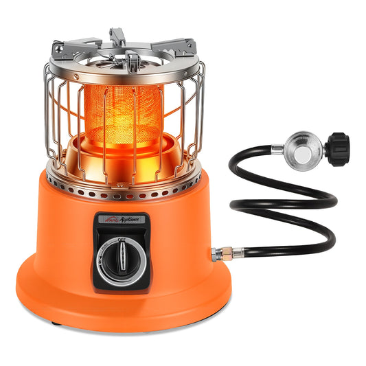 Orange camping stove with a flexible hose on a white background