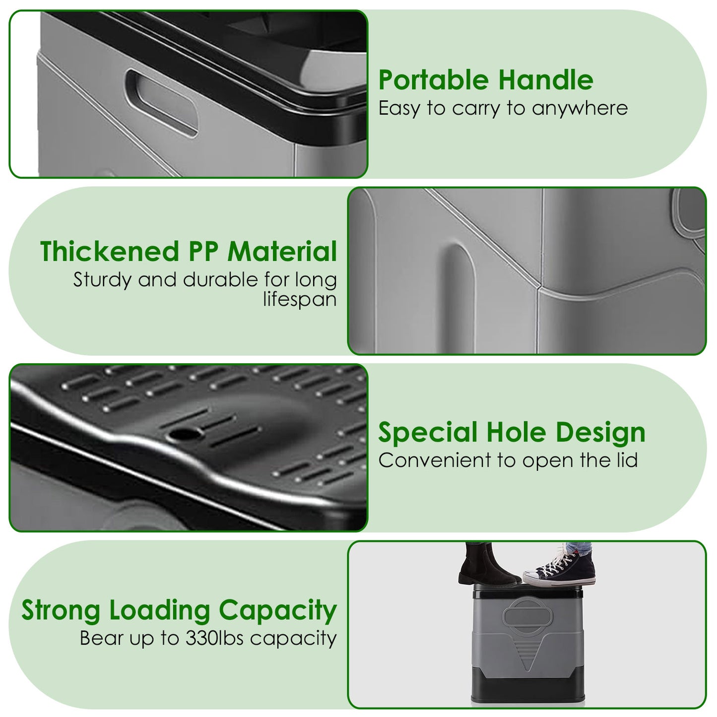 Collage of features including portable handle, thickened PP material, special hole design, and strong loading capacity on a green background.