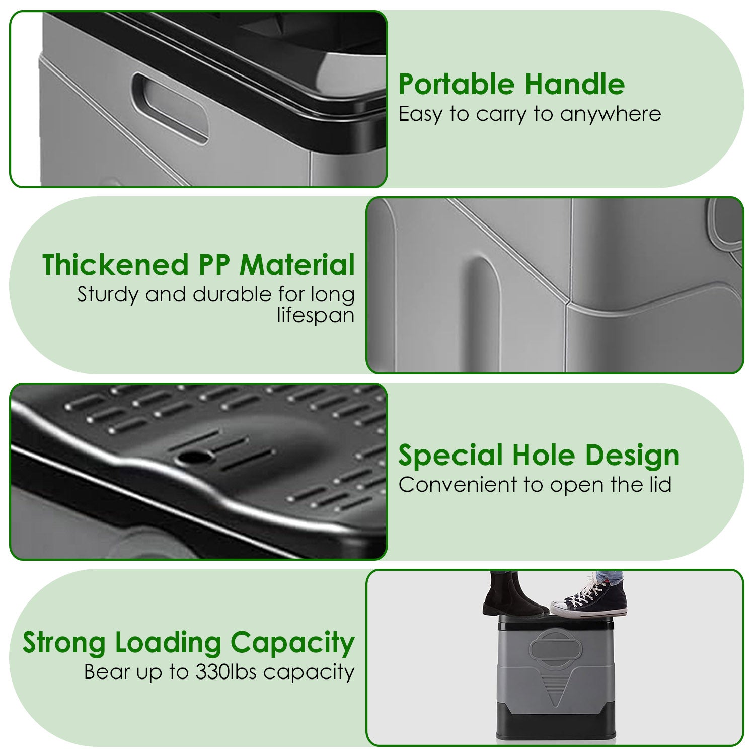 Collage of features including portable handle, thickened PP material, special hole design, and strong loading capacity on a green background.