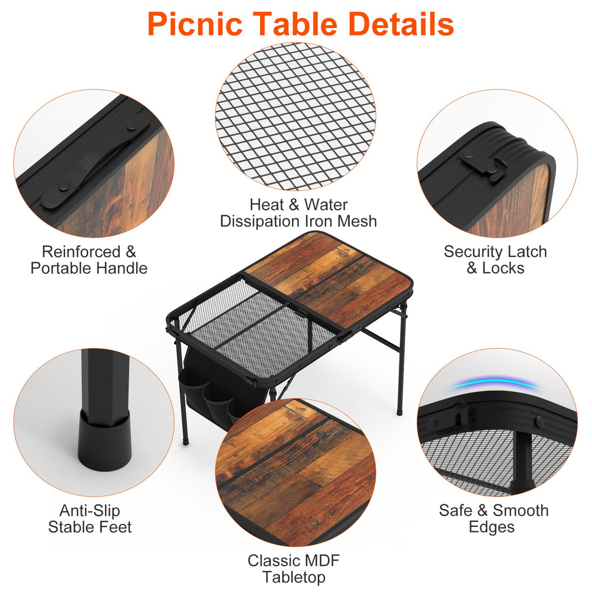 Picnic table with various features highlighted on a white background