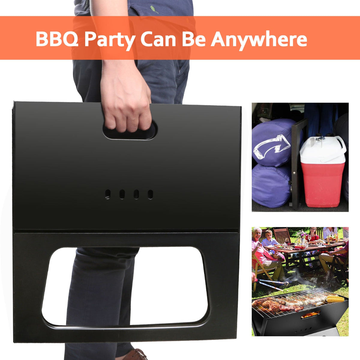 Portable BBQ grill being held with images of a cooler, people at a picnic, and a grill with food.