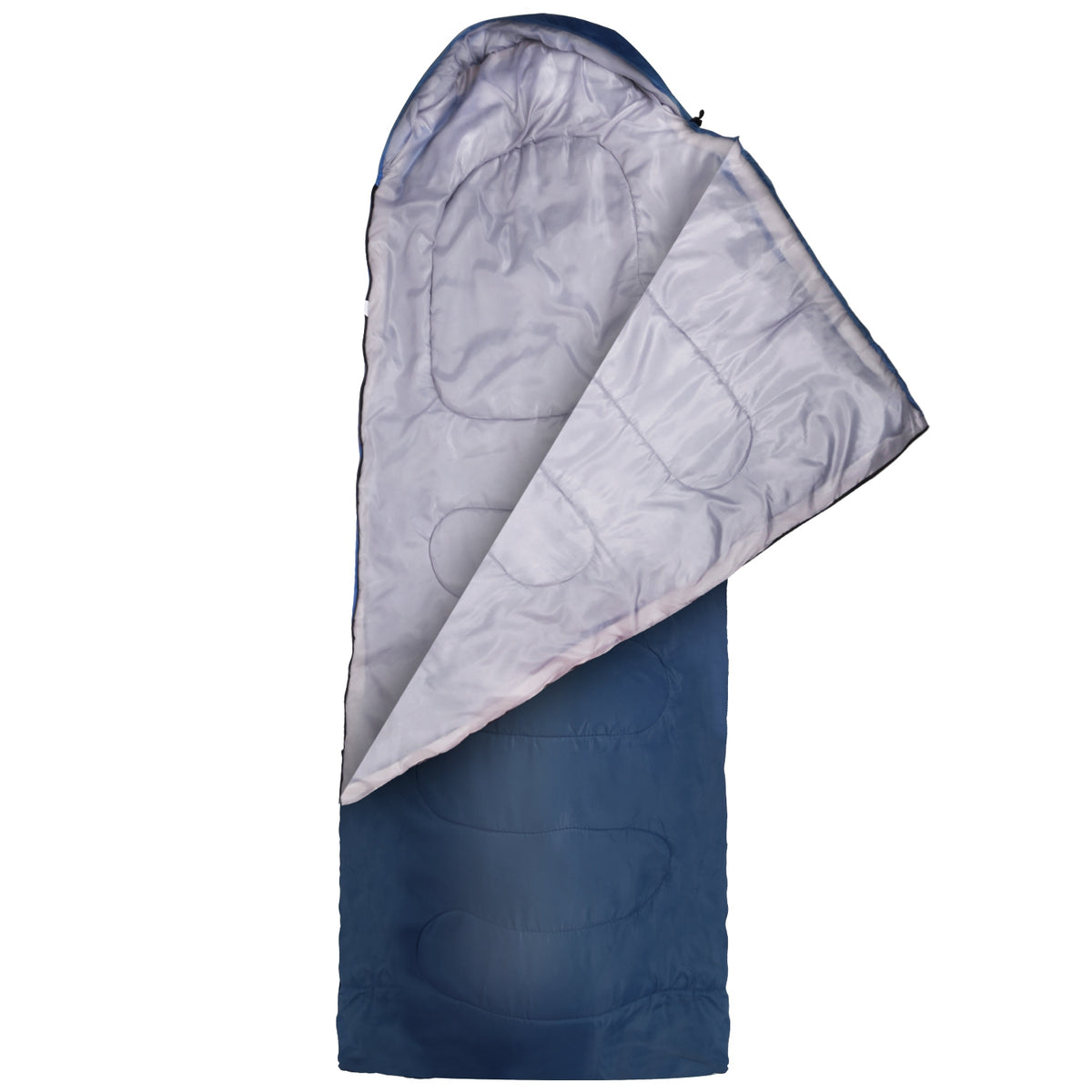A dark blue sleeping bag shown open against a plain white background, displaying both its dark blue exterior and the light gray interior lining.