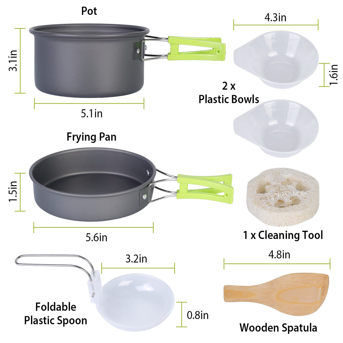 Set of camping cookware with dimensions labeled