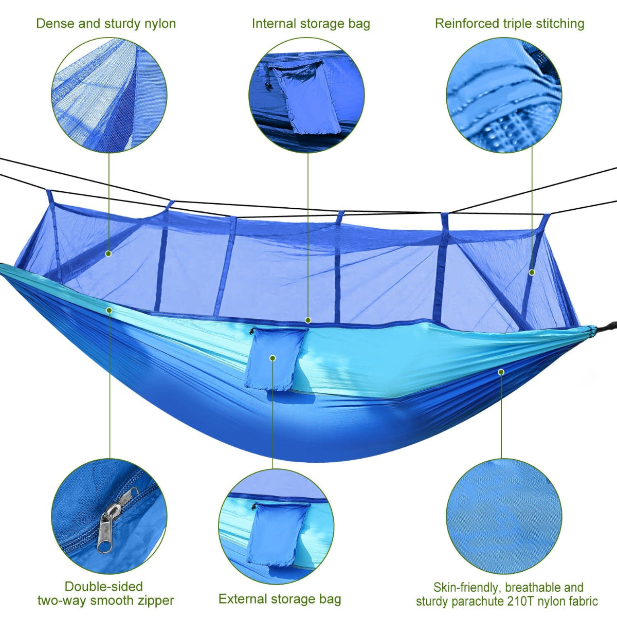 Blue hammock with features highlighted on a white background