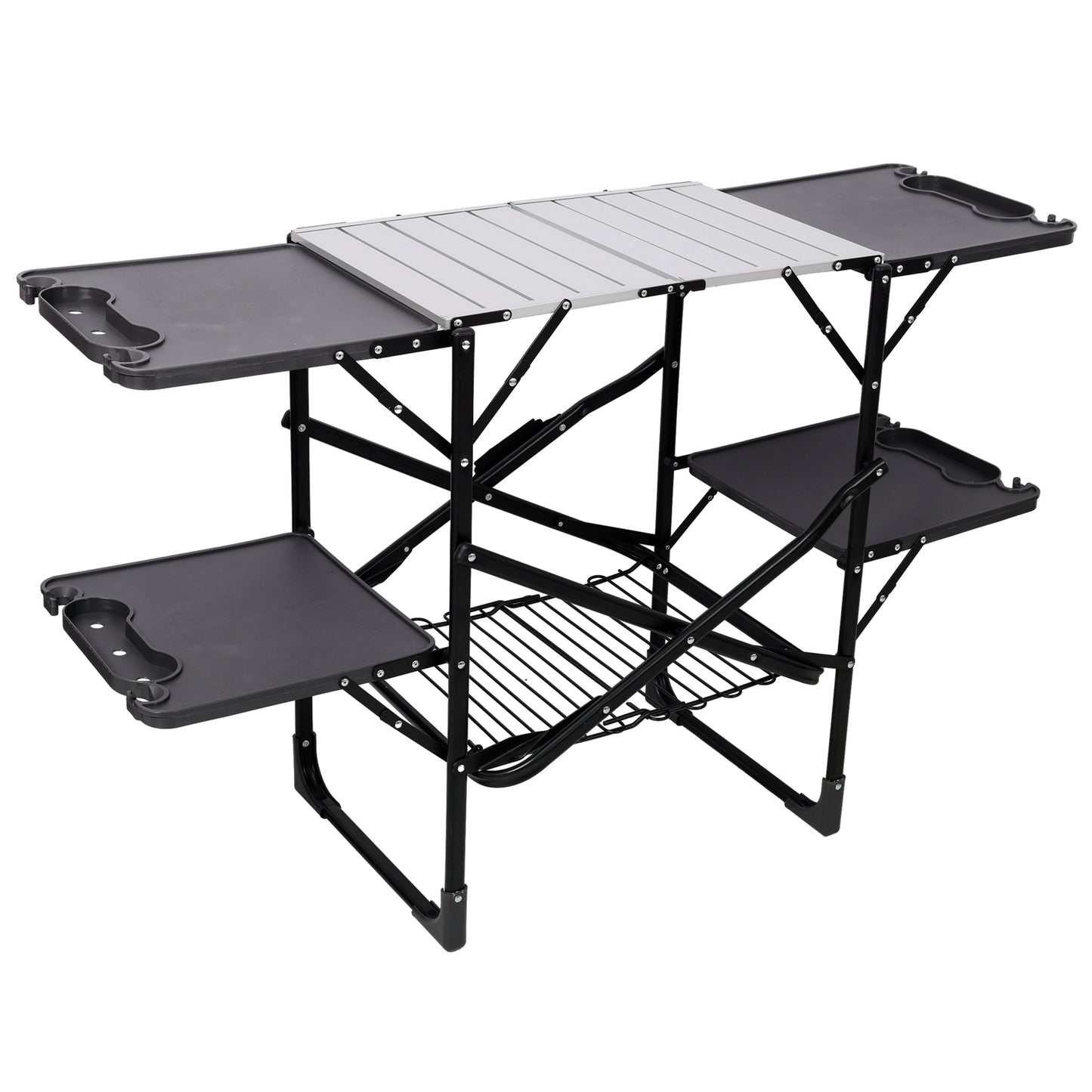 Black Folding Camping Kitchen Table with 4 Side Tables & Storage Rack