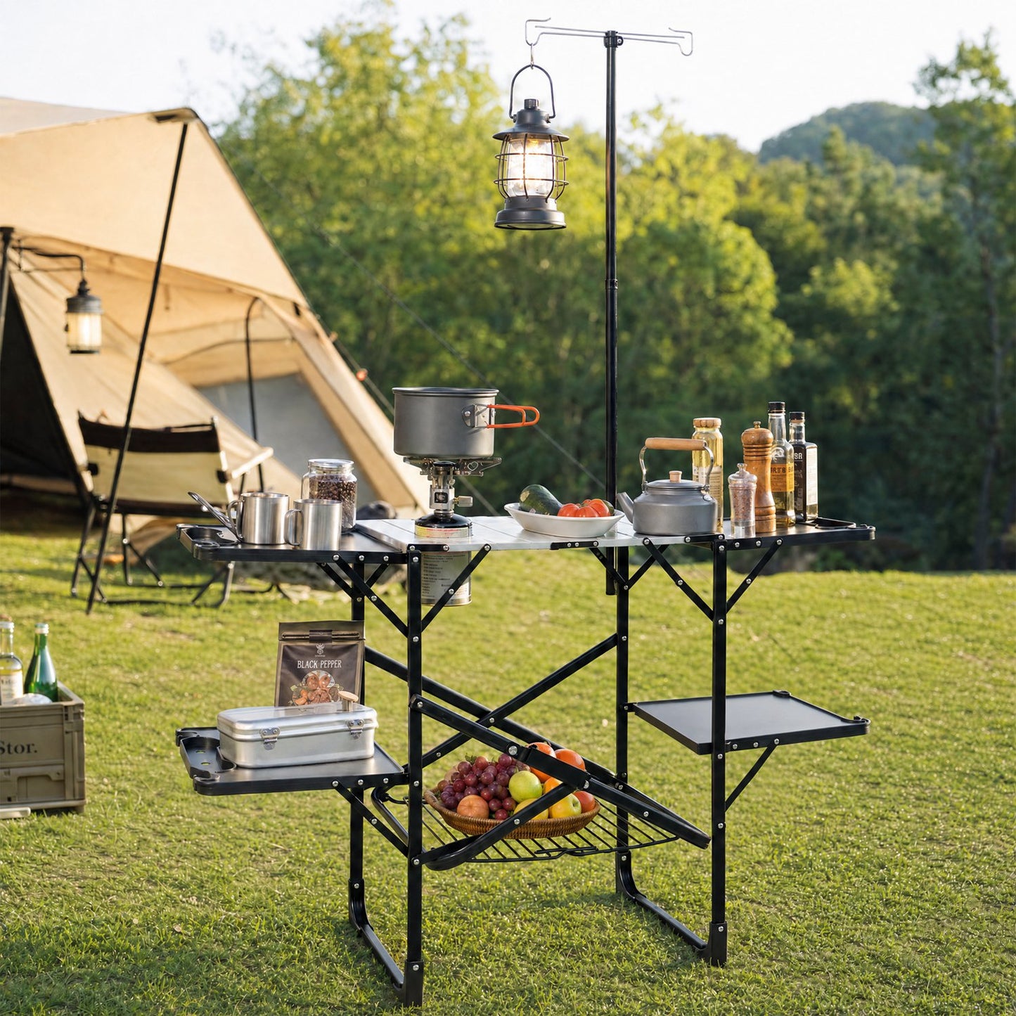 Black Folding Camping Kitchen Table with Lamp Post & 4 Side Tables