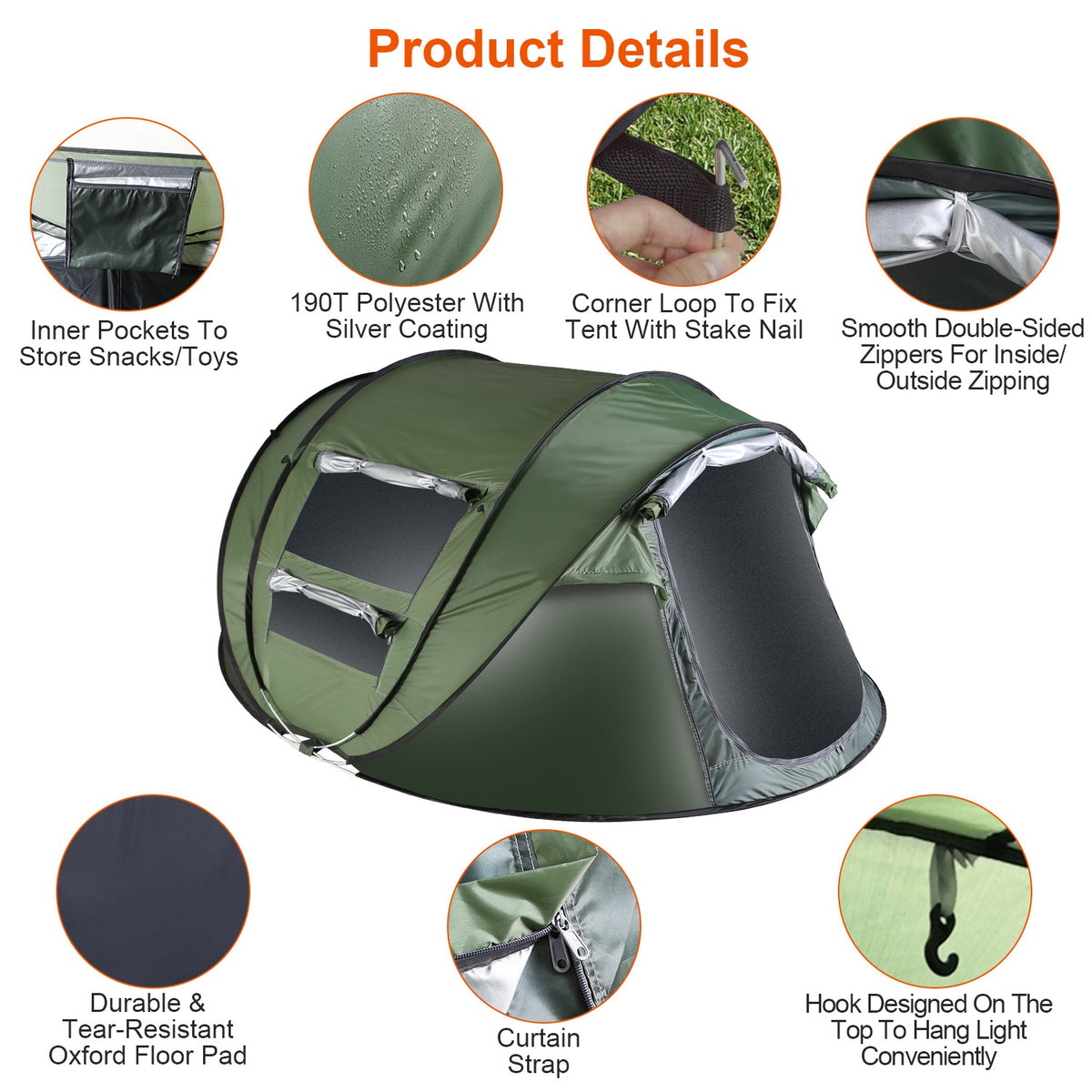 Khaki 5–8 Person Automatic Pop-Up Camping Tent
