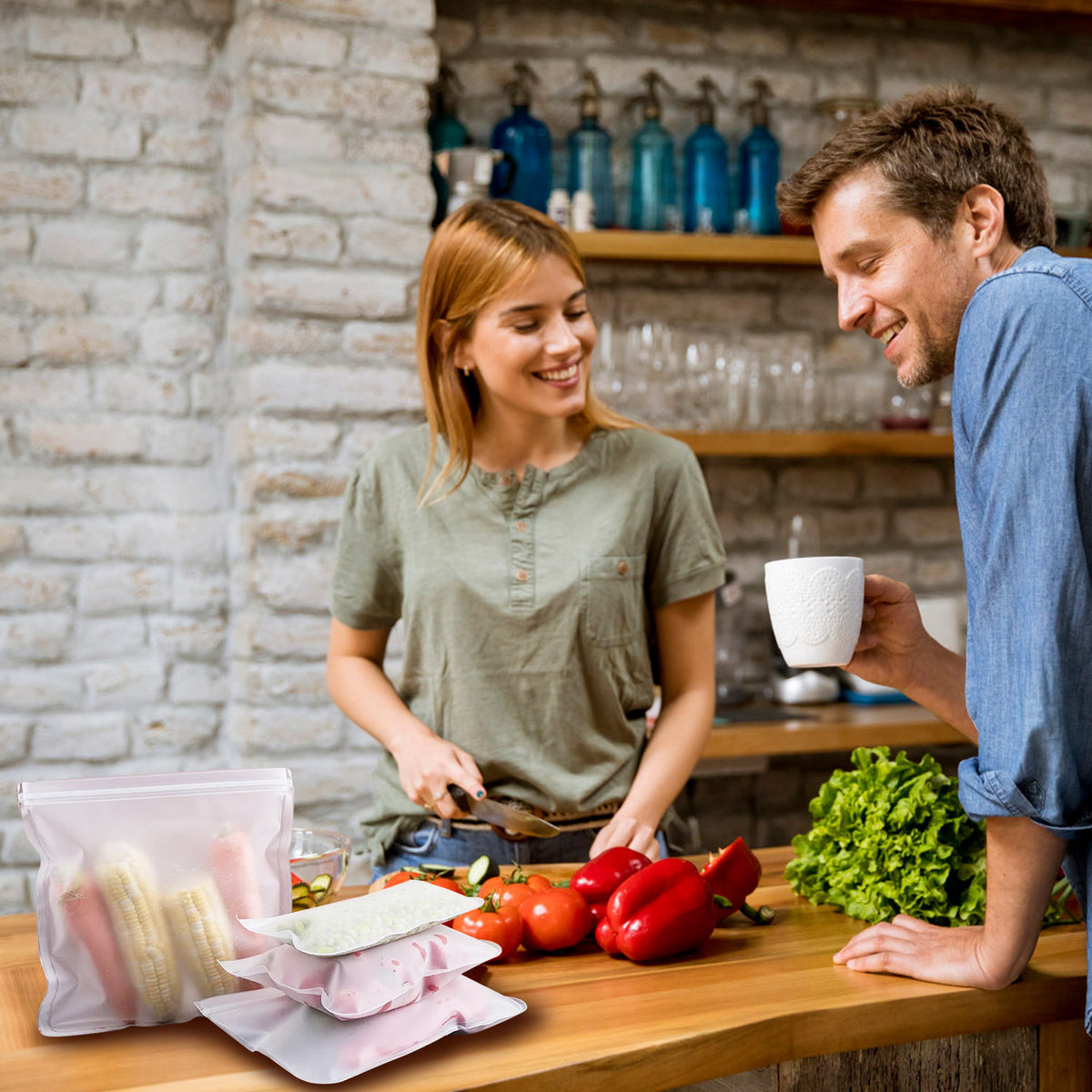 Man and woman in a kitchen preparing food with a focus on reusable bags.